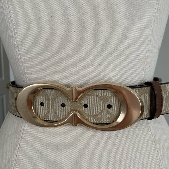 EUC COACH 38mm KISS C SIG PVC/Leather Womens Light Khaki/ Gold Belt Sz M main image 6